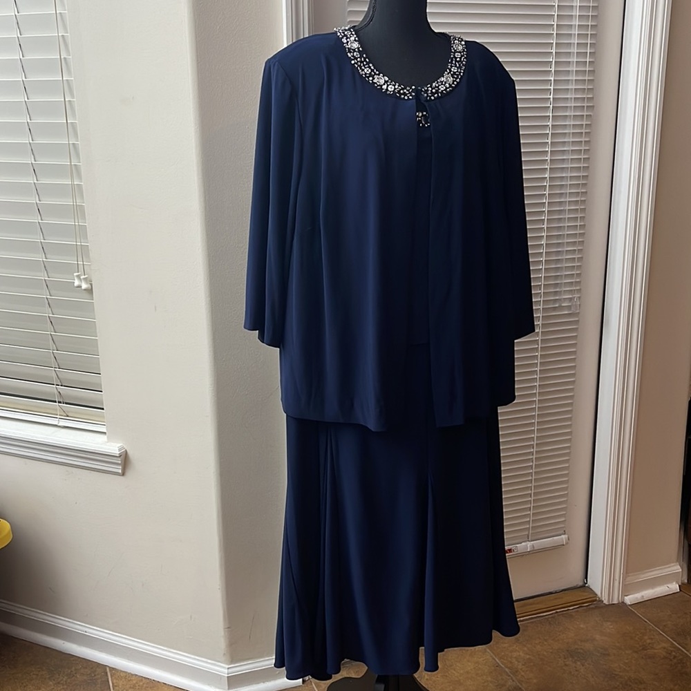 Alex Evenings Navy 2-piece Matte Jersey Sequin Embellished Jacket & Dress - 24W